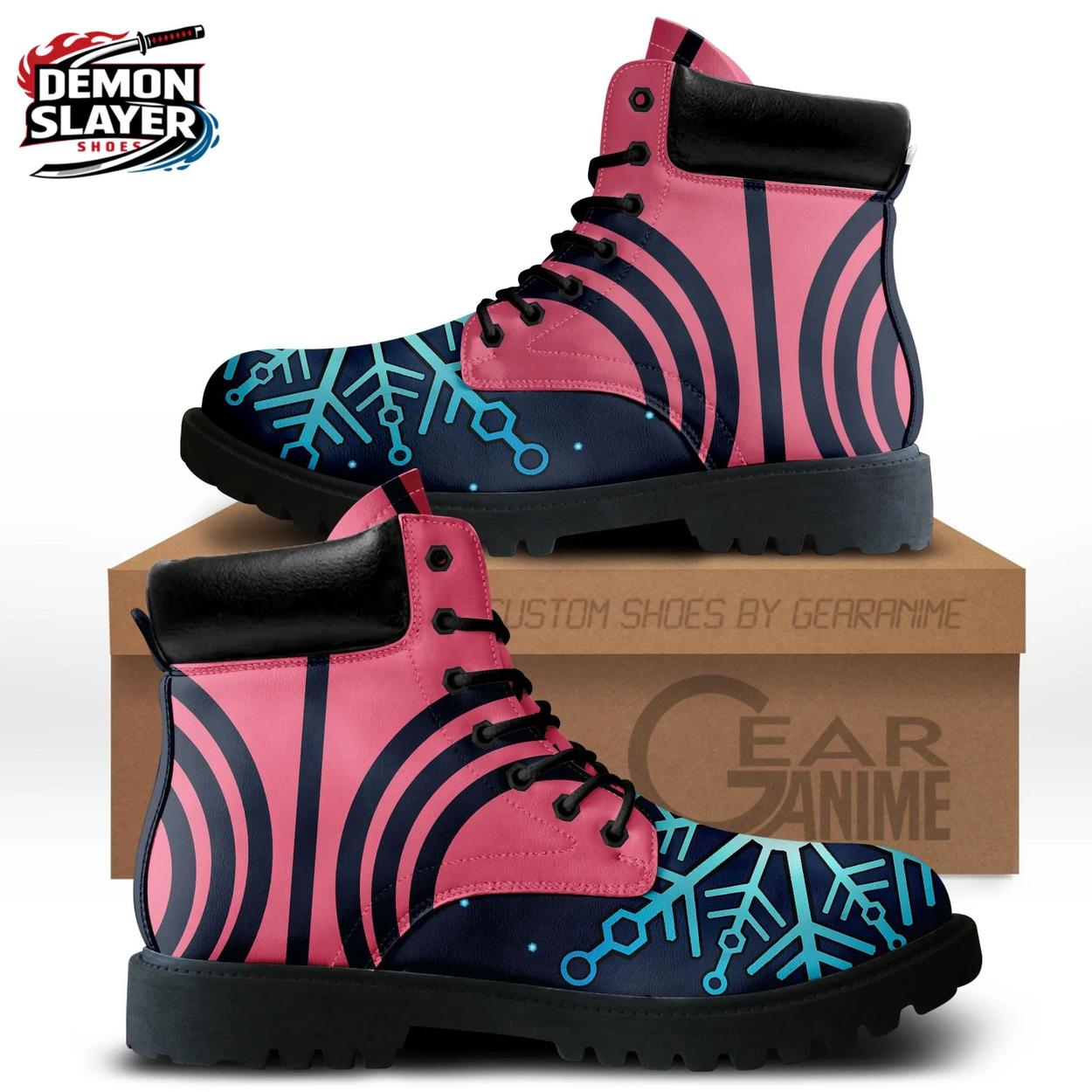 Pink Black Blue Geometric Akaza Combat Boots – Demon Slayer Akaza Shoes Pink Black Blue Geometric Akaza Combat Boots – Demon Slayer Akaza Shoes