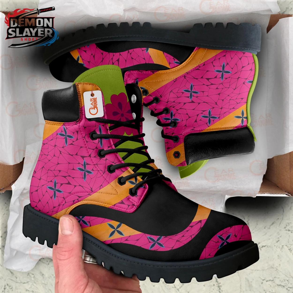 Hot Pink Black Orange Geometric Daki Combat Boots – Demon Slayer Daki Shoes Hot Pink Black Orange Geometric Daki Combat Boots – Demon Slayer Daki Shoes