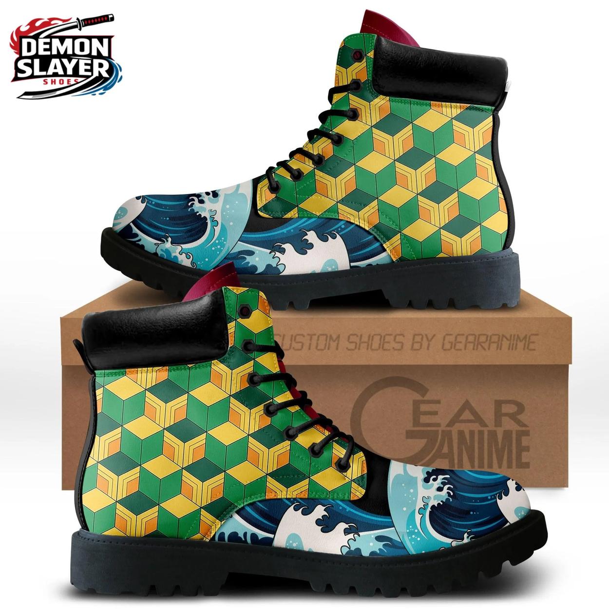 Giyu Geometric Wave Combat Boots – Green Yellow Demon Slayer Shoes Giyu Geometric Wave Combat Boots – Green Yellow Demon Slayer Shoes
