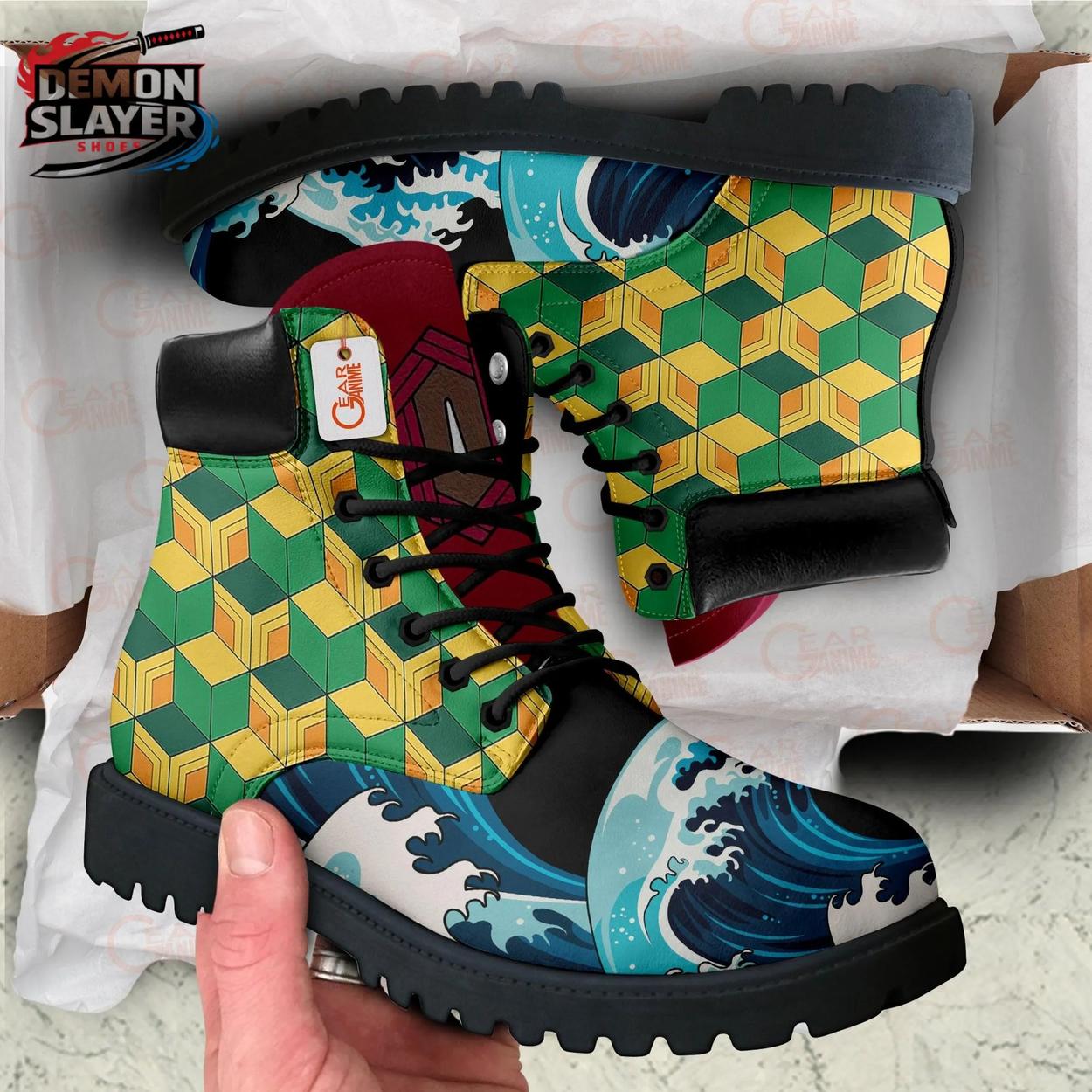 Giyu Geometric Wave Combat Boots – Green Yellow Demon Slayer Shoes Giyu Geometric Wave Combat Boots – Green Yellow Demon Slayer Shoes