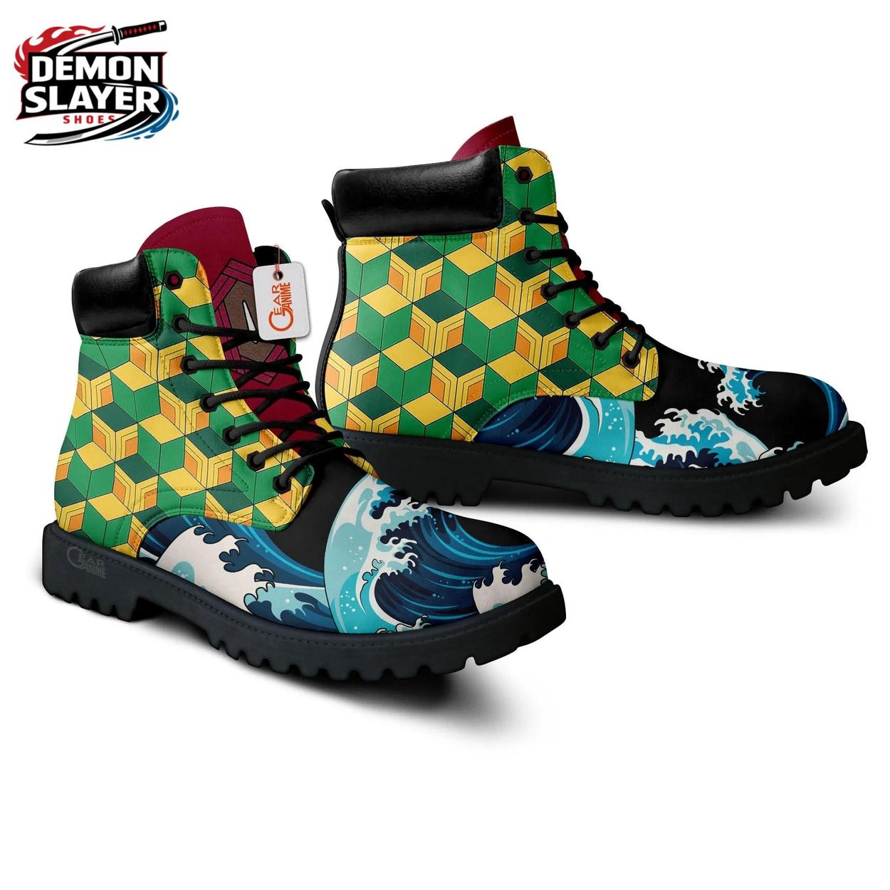 Giyu Geometric Wave Combat Boots – Green Yellow Demon Slayer Shoes Giyu Geometric Wave Combat Boots – Green Yellow Demon Slayer Shoes