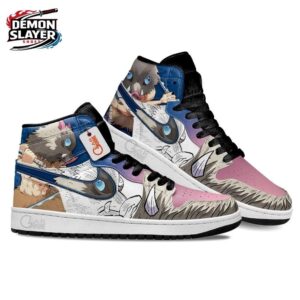 Blue Pink Boar Mask Dual Blade Inosuke High-Top Leather Sneakers – Demon Slayer Inosuke Hashibira Shoes