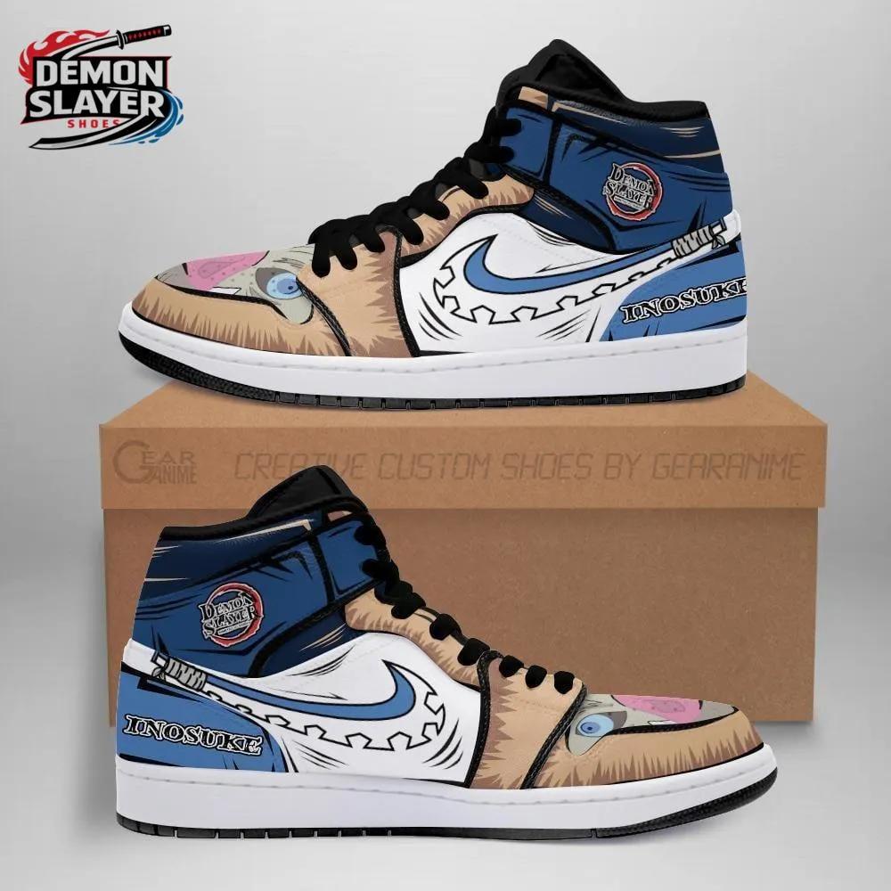 Blue Tan Boar Mask Blade Inosuke High-Top Leather Sneakers – Demon Slayer Inosuke Hashibira Shoes Blue Tan Boar Mask Blade Inosuke High-Top Leather Sneakers – Demon Slayer Inosuke Hashibira Shoes