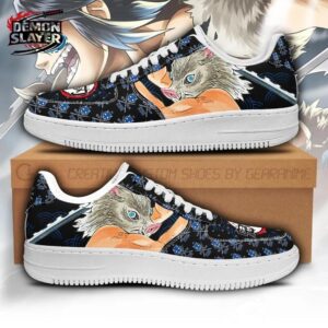 Black Blue Boar Mask Portrait Inosuke Low-Top Leather Sneakers – Demon Slayer Inosuke Hashibira Shoes