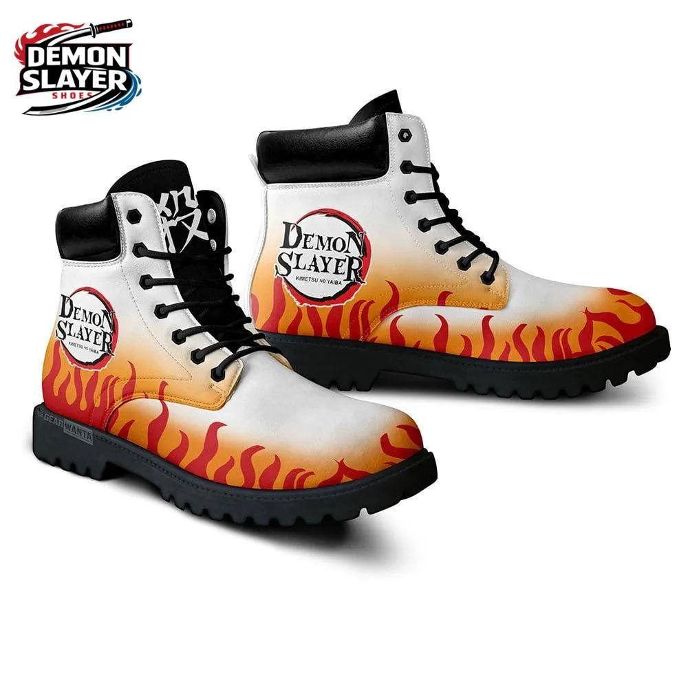 White Orange Flame Logo Rengoku Combat Boots – Demon Slayer Rengoku Shoes White Orange Flame Logo Rengoku Combat Boots – Demon Slayer Rengoku Shoes