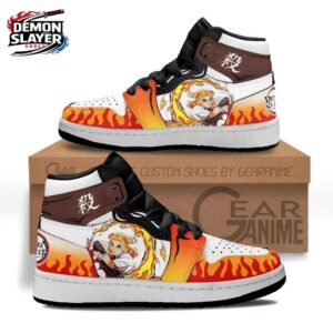 White Orange Flame Portrait Rengoku High-Top Leather Sneakers – Demon Slayer Rengoku Shoes