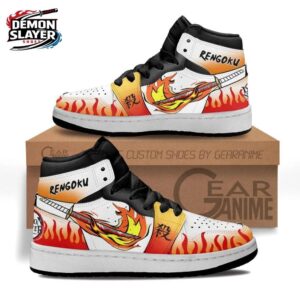 White Orange Flame Katana Rengoku High-Top Leather Sneakers – Demon Slayer Rengoku Shoes