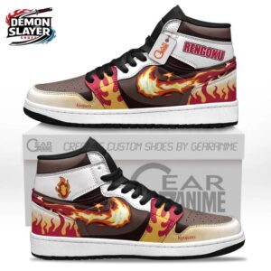 Brown White Flame Rengoku High-Top Leather Sneakers – Demon Slayer Rengoku Shoes