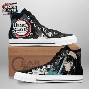 Black Teal Manga Portrait Logo Muichiro High Tops Canvas Shoes – Demon Slayer Muichiro Shoes