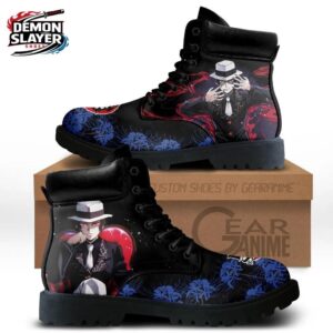 Black Blue Red Floral Portrait Muzan Combat Boots – Demon Slayer Muzan Kibutsuji Shoes