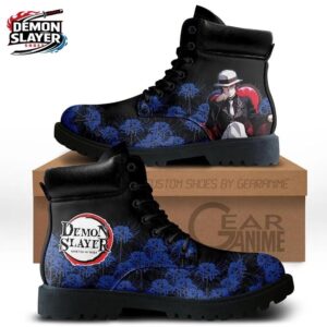 Black Blue Floral Portrait Combat Boots – Demon Slayer Muzan Kibutsuji Shoes