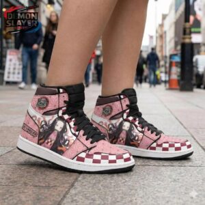 Pink Burgundy Checker Portrait Nezuko High-Top Leather Sneakers – Demon Slayer Nezuko Shoes
