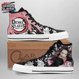 Pink Black Manga Logo Nezuko High Tops Canvas Shoes – Demon Slayer Nezuko Shoes