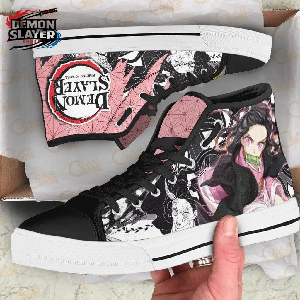 Pink Black Manga Logo Nezuko High Tops Canvas Shoes – Demon Slayer Nezuko Shoes Pink Black Manga Logo Nezuko High Tops Canvas Shoes – Demon Slayer Nezuko Shoes