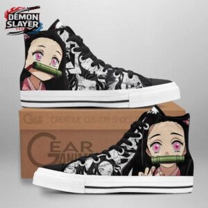 Black White Manga Portrait Nezuko High Tops Canvas Shoes – Demon Slayer Nezuko Shoes