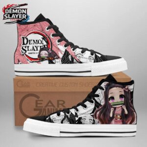 Pink Black Manga Portrait Nezuko High Tops Canvas Shoes – Demon Slayer Nezuko Shoes