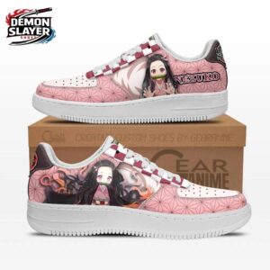 Pink Geometric Name Portrait Nezuko Low-Top Leather Sneakers – Demon Slayer Nezuko Shoes