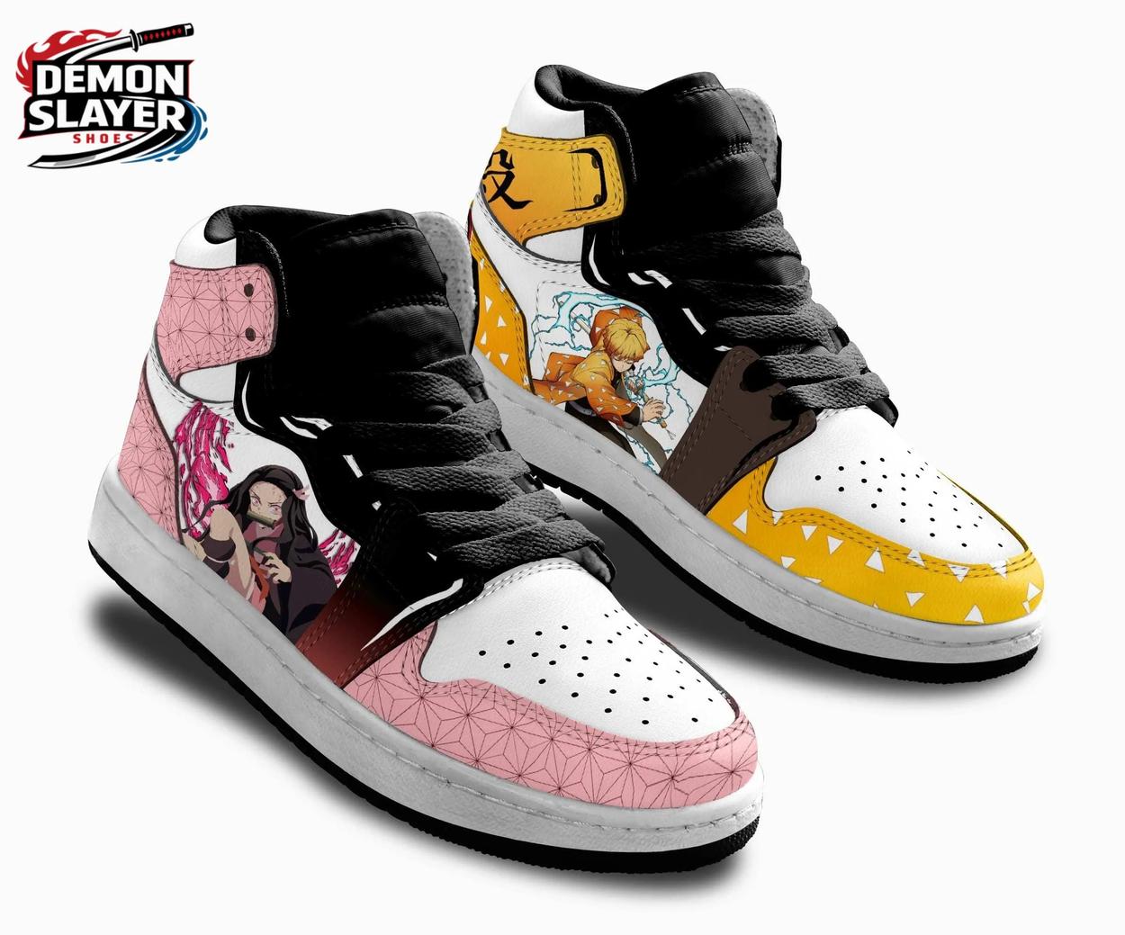 Nezuko Zenitsu Portrait Split High-Top Sneakers – Pink Yellow Demon Slayer Shoes Nezuko Zenitsu Portrait Split High-Top Sneakers – Pink Yellow Demon Slayer Shoes