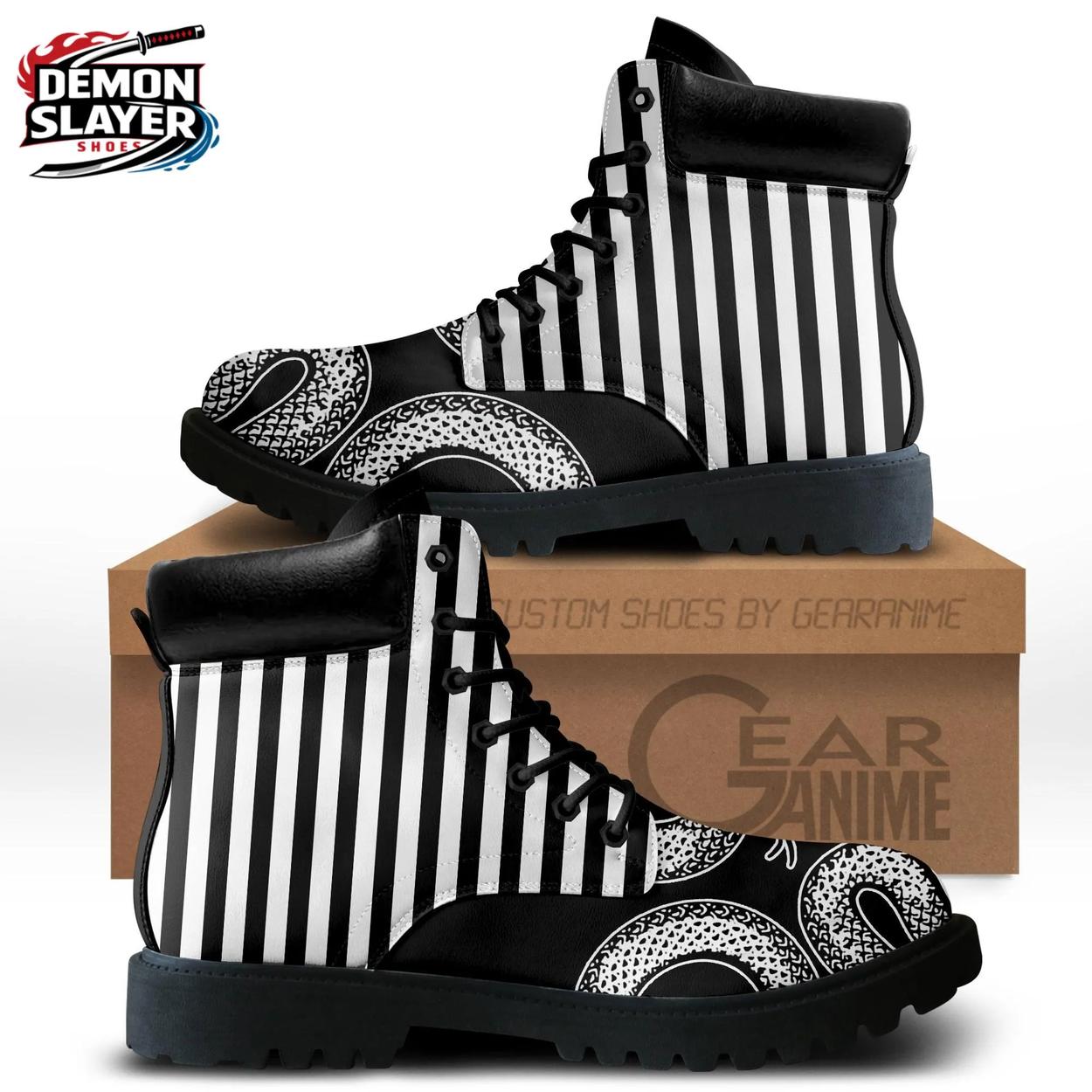 Black White Stripe Paisley Combat Boots – Demon Slayer Obanai Shoes Black White Stripe Paisley Combat Boots – Demon Slayer Obanai Shoes