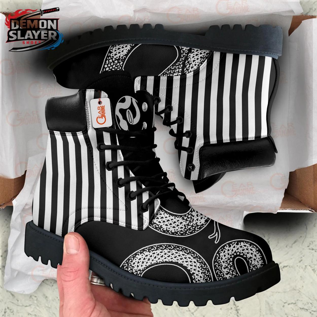 Black White Stripe Paisley Combat Boots – Demon Slayer Obanai Shoes Black White Stripe Paisley Combat Boots – Demon Slayer Obanai Shoes