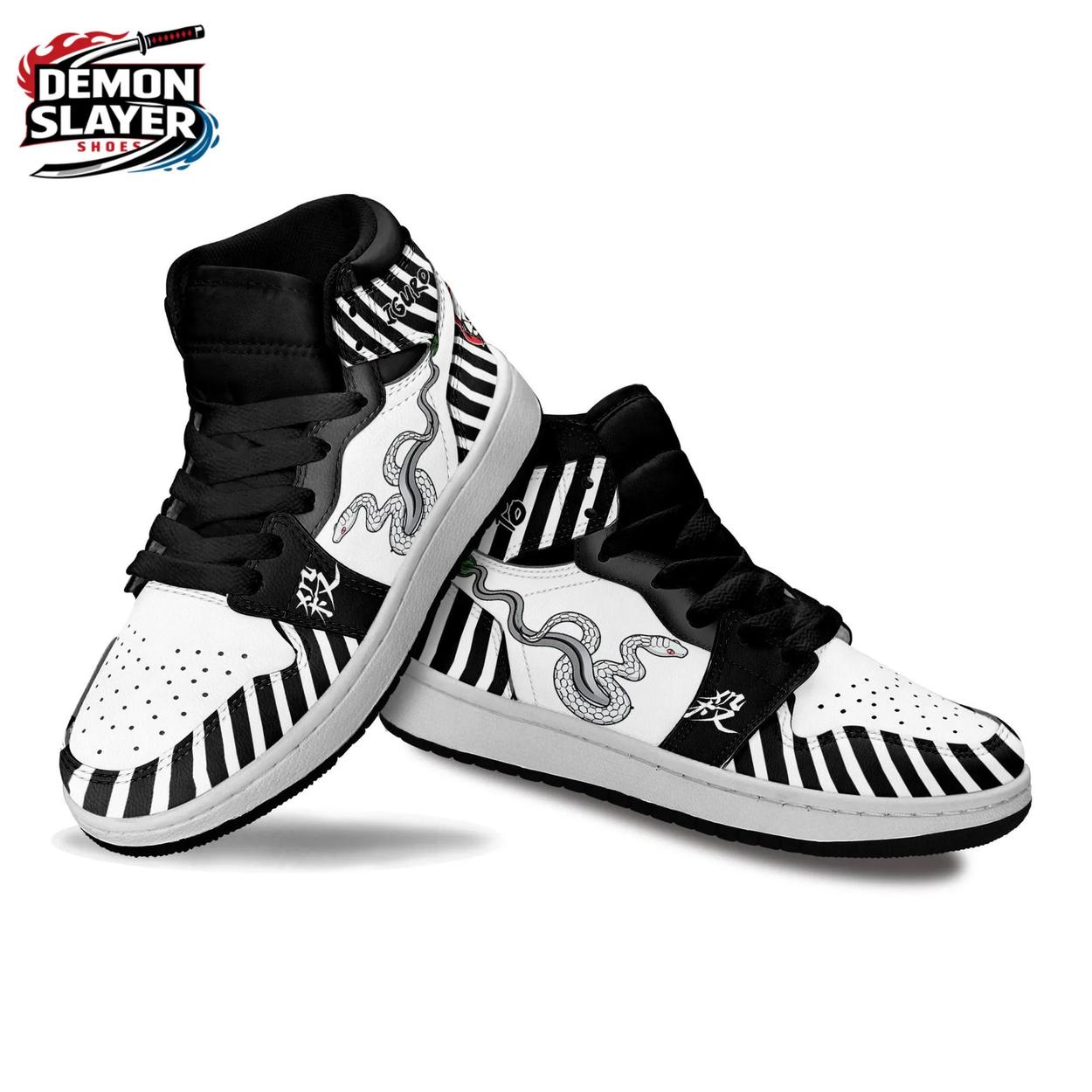 Black White Snake Stripe Obanai High-Top Leather Sneakers – Demon Slayer Obanai Shoes Black White Snake Stripe Obanai High-Top Leather Sneakers – Demon Slayer Obanai Shoes