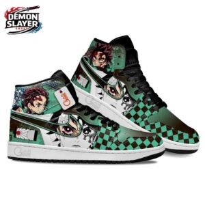 Green Black Tanjiro Portrait Manga Eye High-Top Leather Sneakers – Demon Slayer Tanjiro Shoes