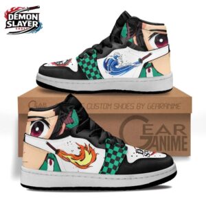 Green Black Manga Eye Fire Water High-Top Leather Sneakers – Demon Slayer Tanjiro Shoes