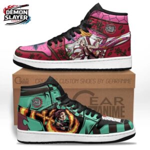 Pink Floral Green Flame Tanjiro High-Top Leather Sneakers – Demon Slayer Tanjiro Shoes