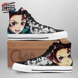 Black White Manga Portrait Tanjiro High Tops Canvas Shoes – Demon Slayer Tanjiro Shoes
