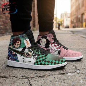 Green Pink Manga Portrait Tanjiro Nezuko High-Top Leather Sneakers – Demon Slayer Tanjiro Shoes