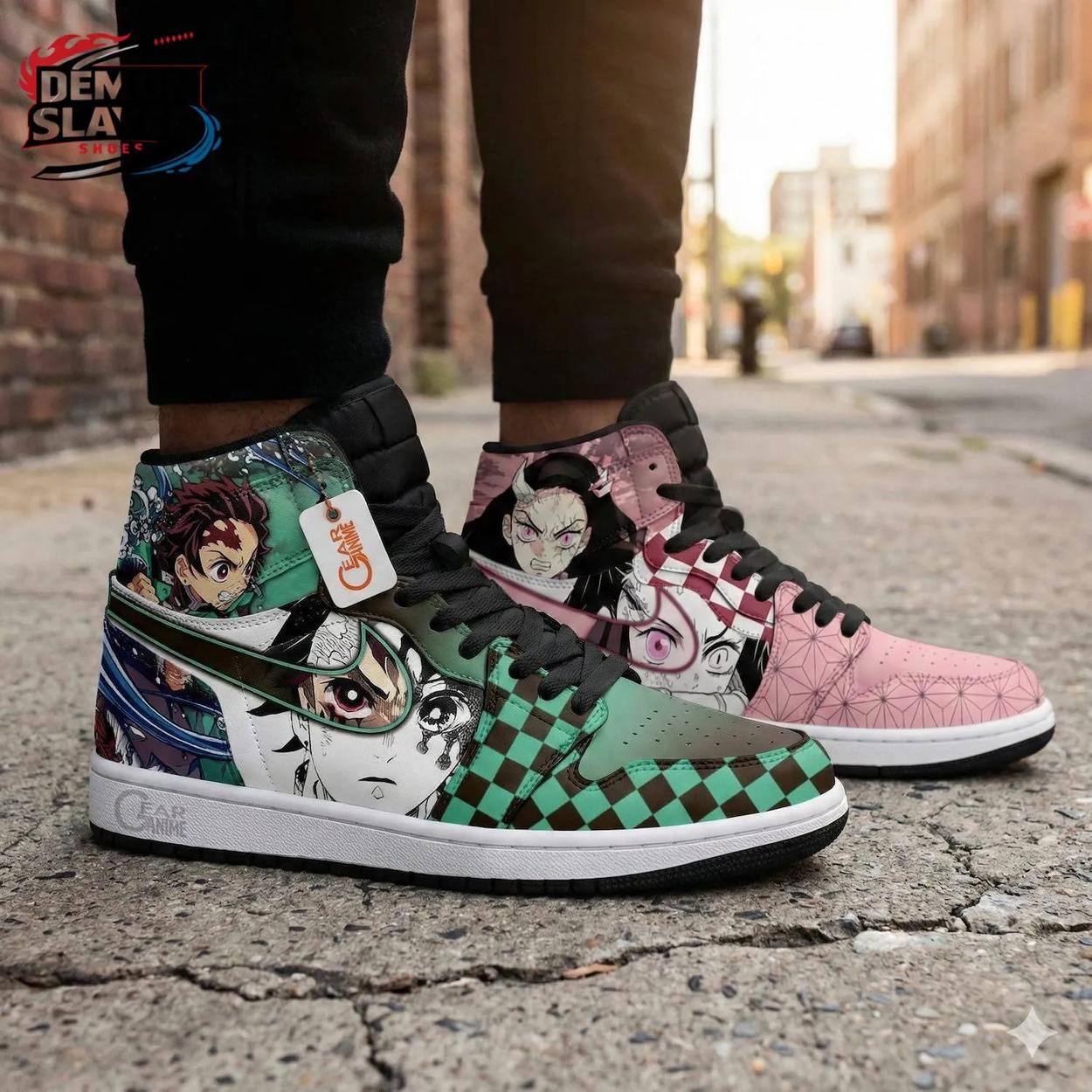 Green Pink Manga Portrait Tanjiro Nezuko High-Top Leather Sneakers – Demon Slayer Tanjiro Shoes Green Pink Manga Portrait Tanjiro Nezuko High-Top Leather Sneakers – Demon Slayer Tanjiro Shoes