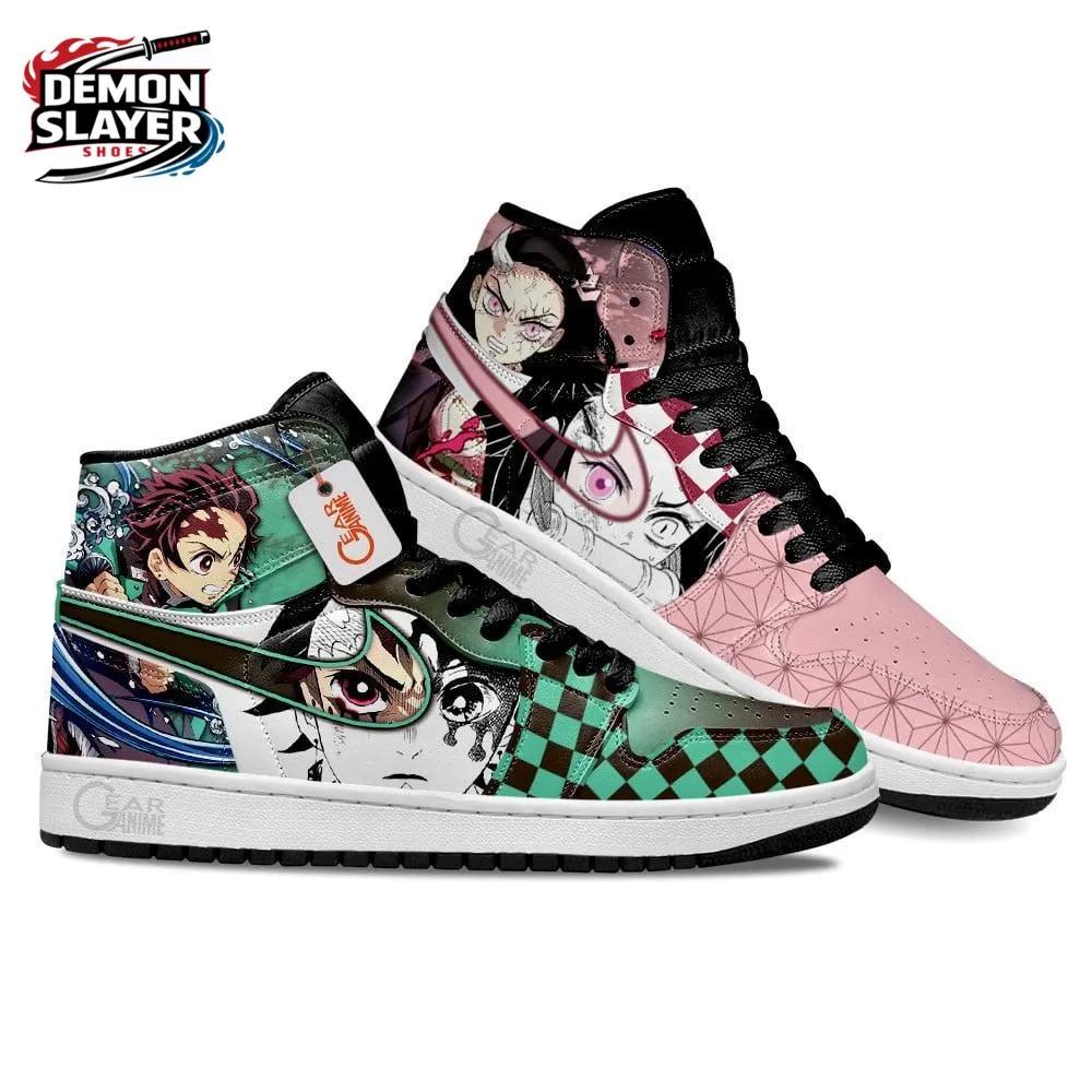 Green Pink Manga Portrait Tanjiro Nezuko High-Top Leather Sneakers – Demon Slayer Tanjiro Shoes Green Pink Manga Portrait Tanjiro Nezuko High-Top Leather Sneakers – Demon Slayer Tanjiro Shoes
