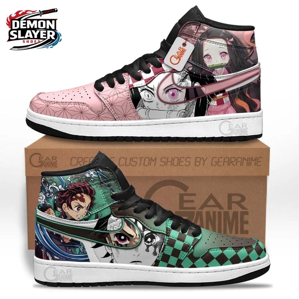 Green Pink Manga Portrait Tanjiro Nezuko High-Top Leather Sneakers – Demon Slayer Tanjiro Shoes Green Pink Manga Portrait Tanjiro Nezuko High-Top Leather Sneakers – Demon Slayer Tanjiro Shoes