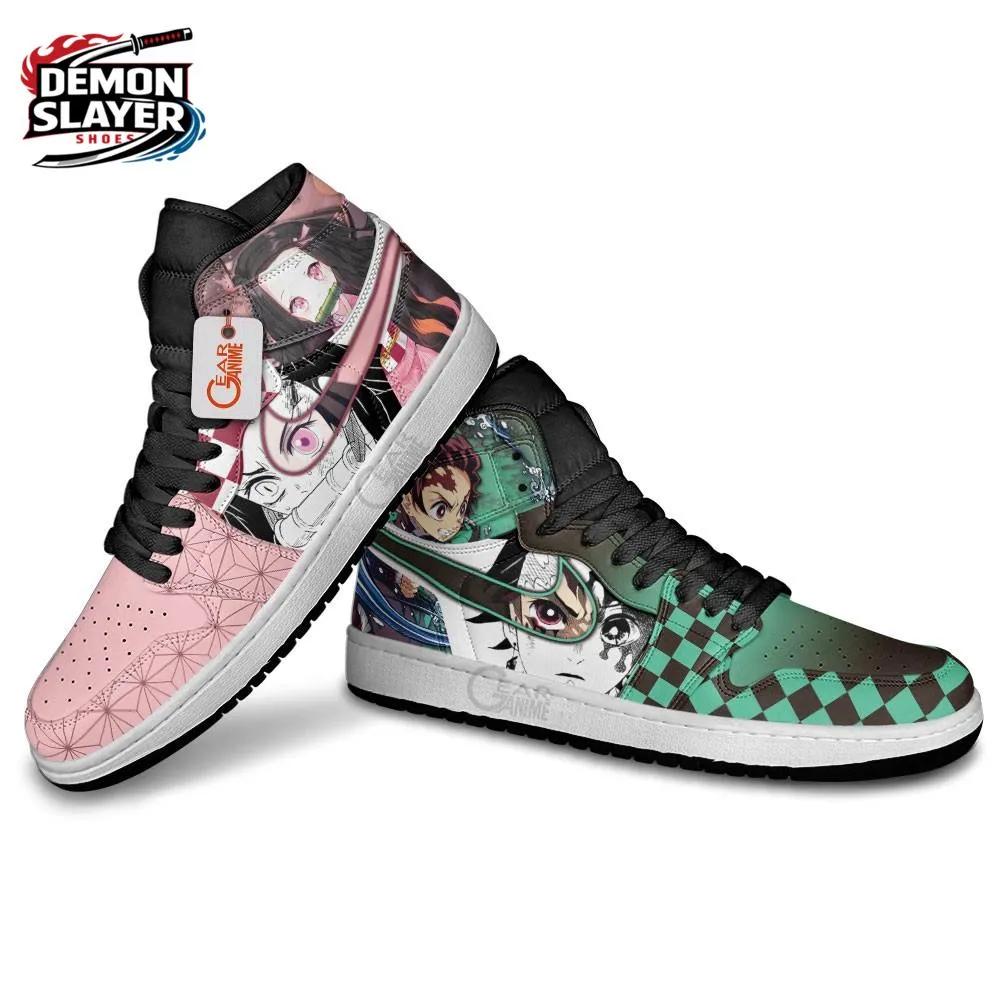 Green Pink Manga Portrait Tanjiro Nezuko High-Top Leather Sneakers – Demon Slayer Tanjiro Shoes Green Pink Manga Portrait Tanjiro Nezuko High-Top Leather Sneakers – Demon Slayer Tanjiro Shoes