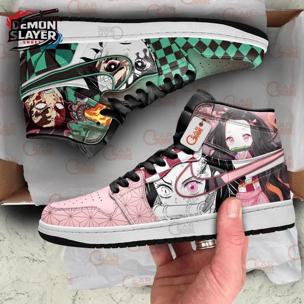 Green Pink Manga Portrait Tanjiro Nezuko High-Top Leather Sneakers – Demon Slayer Tanjiro Shoes Green Pink Manga Portrait Tanjiro Nezuko High-Top Leather Sneakers – Demon Slayer Tanjiro Shoes