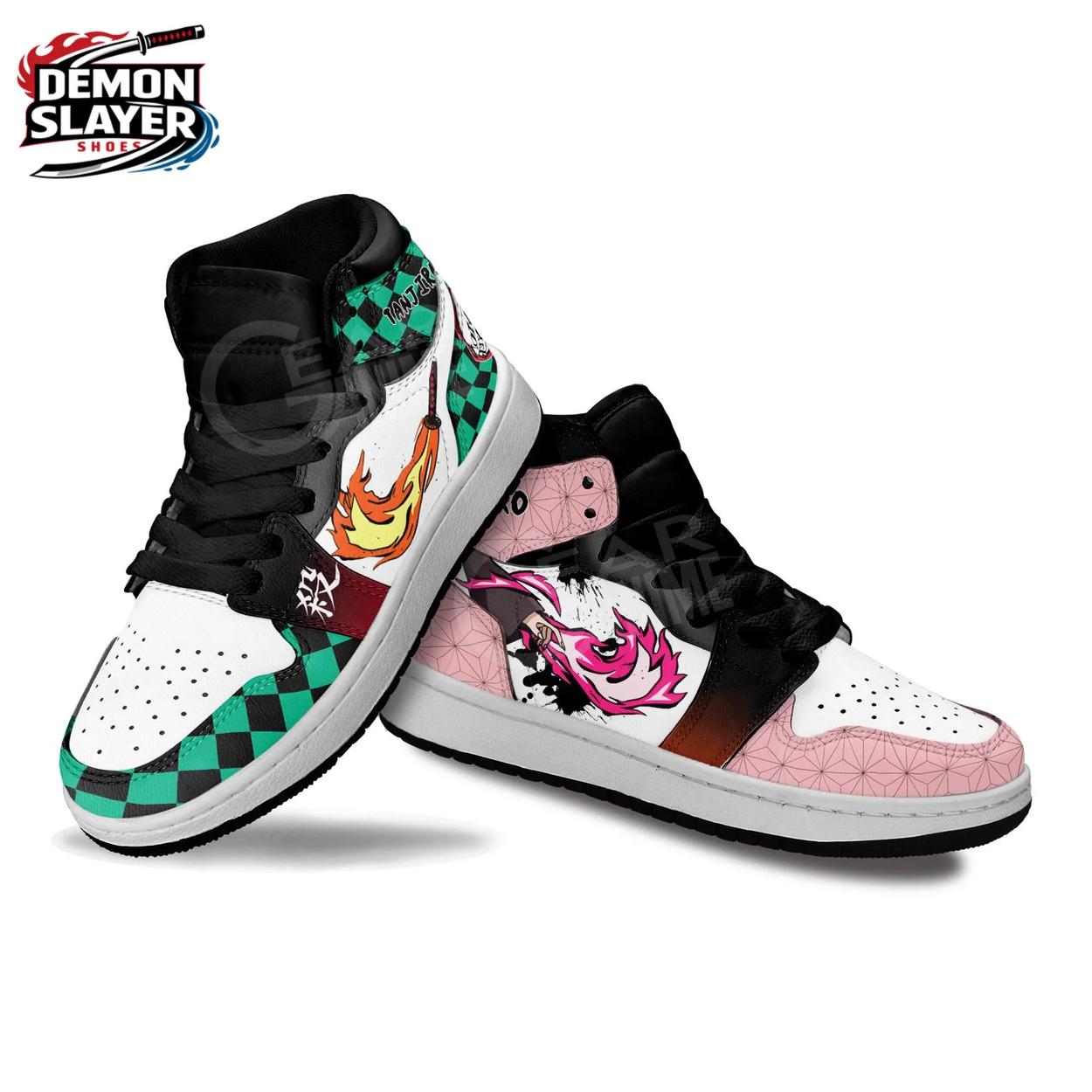 Green Pink Tanjiro Nezuko Fire High-Top Leather Sneakers – Demon Slayer Tanjiro Shoes Green Pink Tanjiro Nezuko Fire High-Top Leather Sneakers – Demon Slayer Tanjiro Shoes