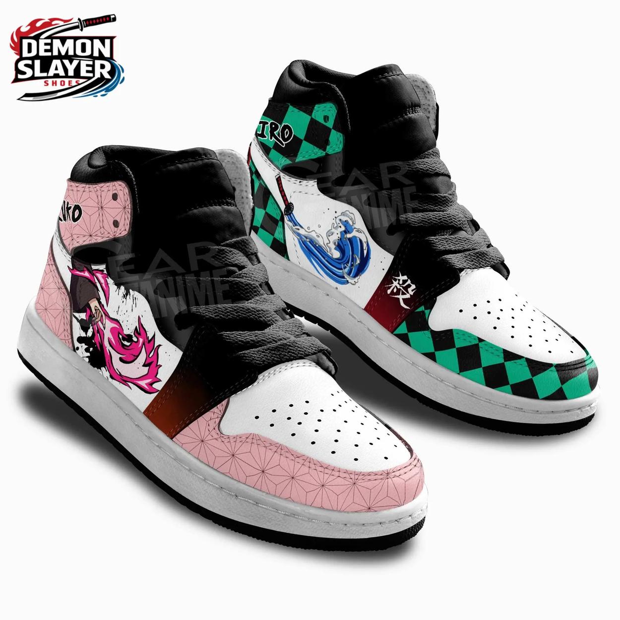 Green Pink Tanjiro Nezuko Fire High-Top Leather Sneakers – Demon Slayer Tanjiro Shoes Green Pink Tanjiro Nezuko Fire High-Top Leather Sneakers – Demon Slayer Tanjiro Shoes